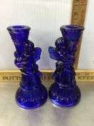 Cobalt Blue Angel Candlestick Holders and 2 Candles