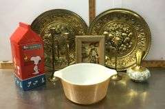 PYREX Woodland Casserole Dish, Brass Decor, Hummel Wall Decor, Peanuts Cookie Jar (some damage)