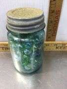 Burlap Sack With Ball Canning Jar Of Marbles