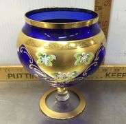 Bohemian Cobalt Blue Glass Vase, Murano Glass 24KT. Gold Paint Vase and Marigold Iridescent Harvest 
