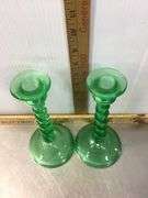 Green Uranium Depression Glass Twisted Candlestick Holders