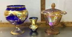 Bohemian Cobalt Blue Glass Vase, Murano Glass 24KT. Gold Paint Vase and Marigold Iridescent Harvest 