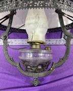Antique Hanging Cast Iron Milk Glass Oil Lamp Converted To Electric Bulb