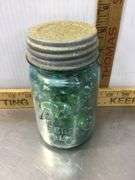 Burlap Sack With Ball Canning Jar Of Marbles