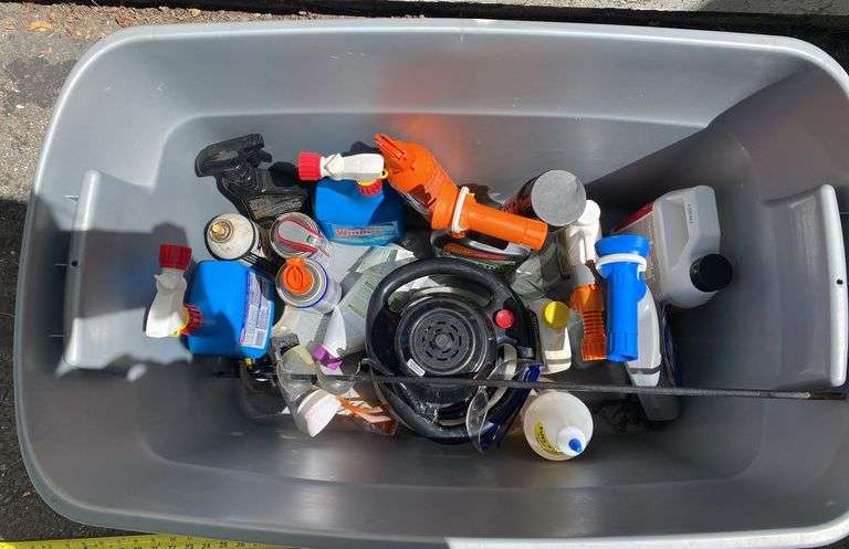 Tote of Assorted Outdoor Cleaning Supplies and More