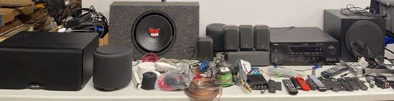 Speakers,Cables, Wires, Remote Controls, & Yamaha Receiver(Powers On)