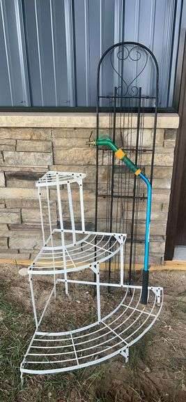 Three Tiered Metal Stand, trellis & Hose nozzle