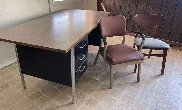 Steel 29” tall, Top is 6’ x 3’ Desk w/ Laminate Top & 2 1960’s Chairs