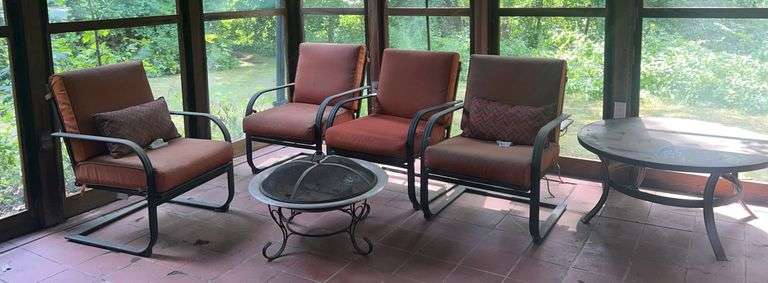 Four Patio Chairs, Glass Topped Coffee Table & Portable Fire Pit