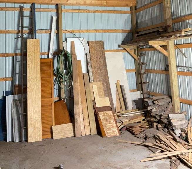 Collection of Lumber, Firewood, Tin Steel, Wood Ladder & More