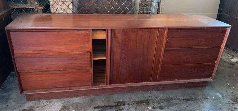 Antique Six Drawer Wooden Dresser w/ Center Storage  (29”T,75”L,19”D)