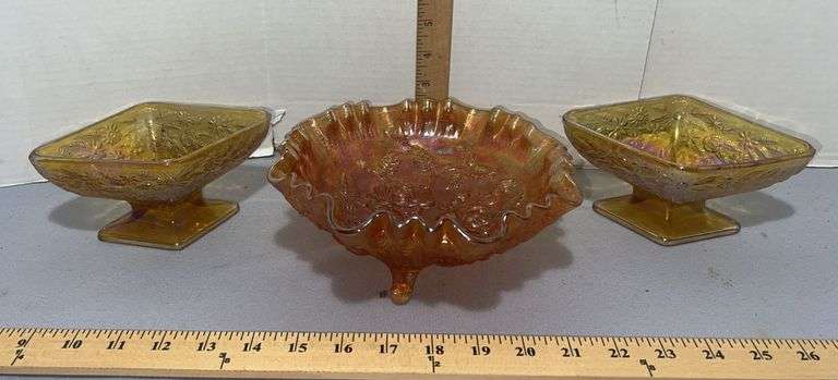 Marigold Carnival Glass 3 Footed Rose Ruffle Edged Bowl & Two Carnival Glass Candy Dishes