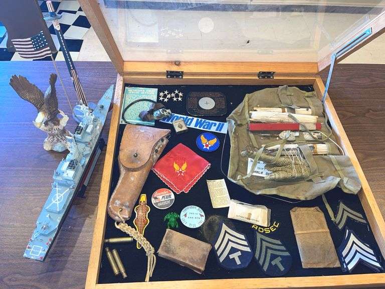 WWII US Military Collection & 26”x25” Display Case + Kidd Destroyer Ship