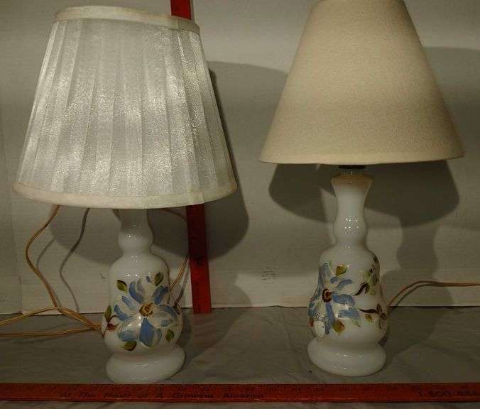 Two 1960's Hand Painted Milk Glass Side Table Lamps 16"Tall w/ Shade