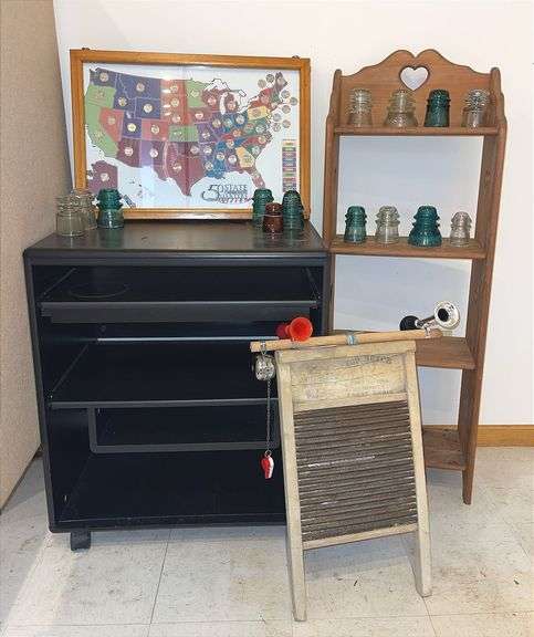 Wooden Country Style Shelf (4’T,17”W), Glass Insulators, Washboard & Black Cabinet