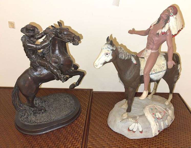 Replica Bronze 12” tall Statue “Horse & Rider” & 15” tall Ceramic Native American & Horse