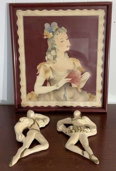 Pair of 11”T Vintage Ballerina Dancers Chalk Wall Decor & 19”x17” Bernard Framed Print