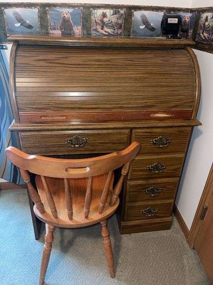 Oak Roll Top Desk w / Chair & Panasonic Adding Machine + Pencil Sharpener