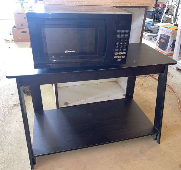 Sunbeam Microwave- has power & Wood 22”x35”x16” Table