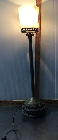 Vintage Metal Lamp With Frosted Glass Shade (has power)