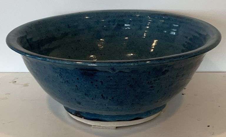 Large Blue Glazed Ceramic Bowl 6.25”Tx16”