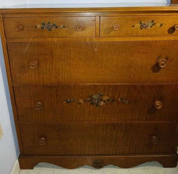 Antique Five Drawer Dresser with Floral Print 38"T38"W22"D