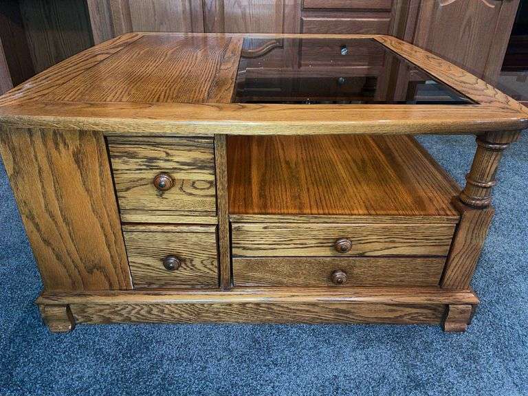 Solid Wood Coffee Table w/ Storage & Glass Insert- 17” tall, top is 3’x3’