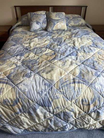 Mid-Century Modern Queen Size Bed, Simmons Mattress & Box Spring + Bedding