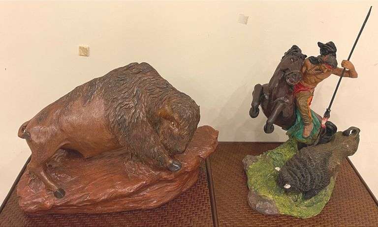 Native American Hunter Sculpture & Buffalo Sculpture