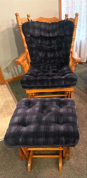 Solid Oak Glider & Ottoman w/ Cushions