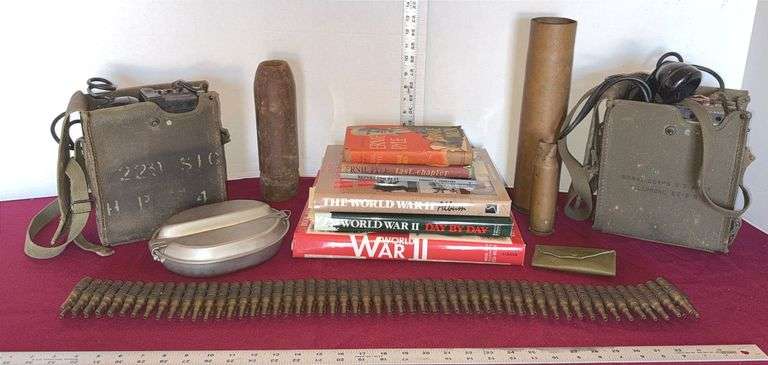 Collection of World War II Literature, Shells, Field Phones & Framed Aircraft Pictures