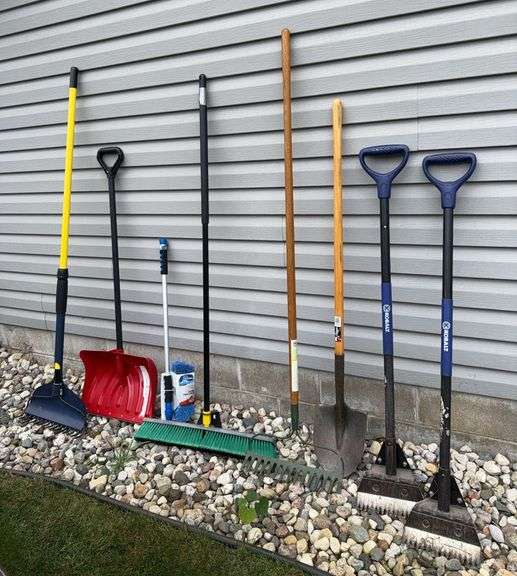 Two Kobalt Roof Shovels, Broom & Rakes - Sherwood Auctions