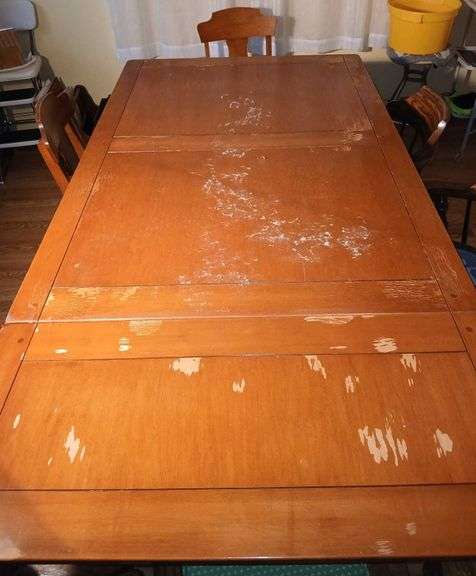 Solid Wood Dining Room Table w/ Four Matching Chairs with Wheels + Two Extra Chairs