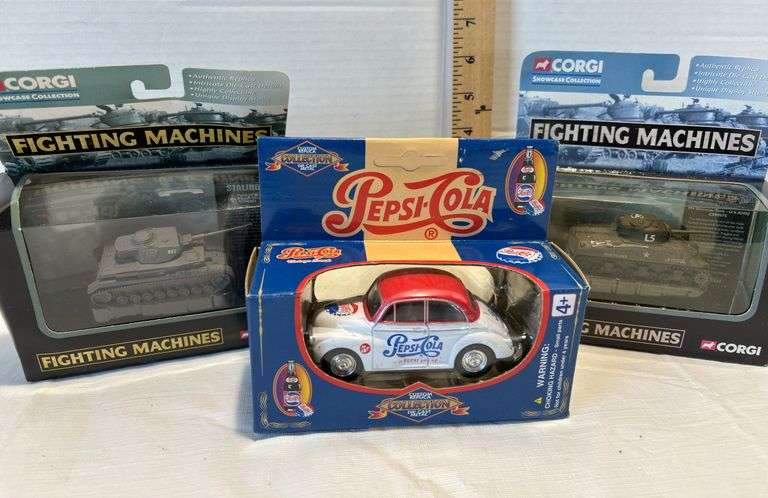 Golden Wheels Pepsi Cola Die Cast Car & Two Corgi Fighting Machines M4 ...