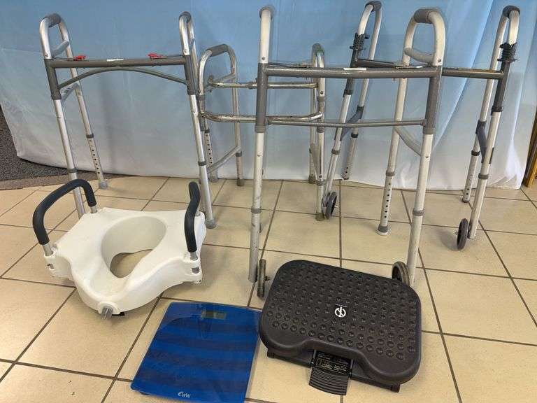 Four Collapsable Walkers, Scale, Mind Reader Step & Raised Toilet Seat ...