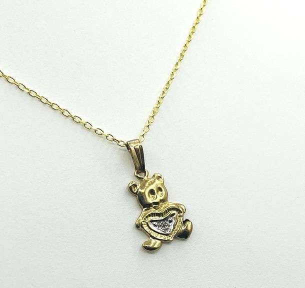 10KT Yellow and White Gold Natural Diamond (0.01ct) Teddy bear holding heart Pendant with Gold Plate