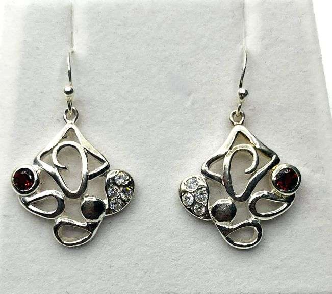 Sterling Silver Natural Garnet with CZ Dangling Earrings
