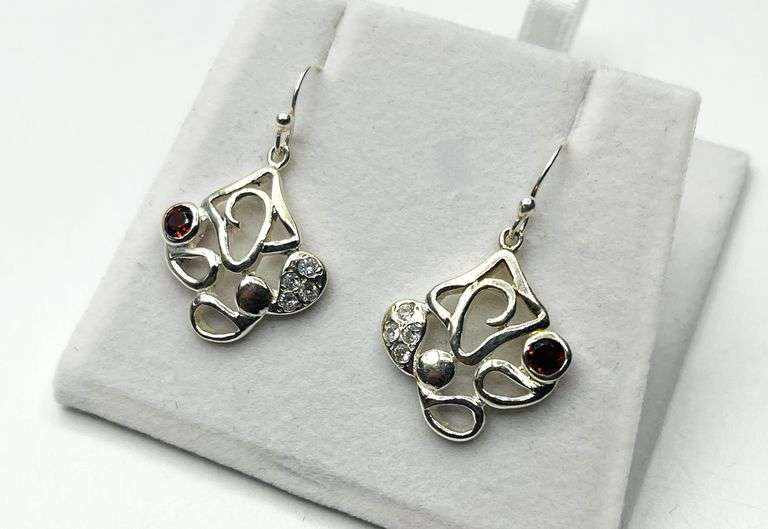 Sterling Silver Natural Garnet with CZ Dangling Earrings