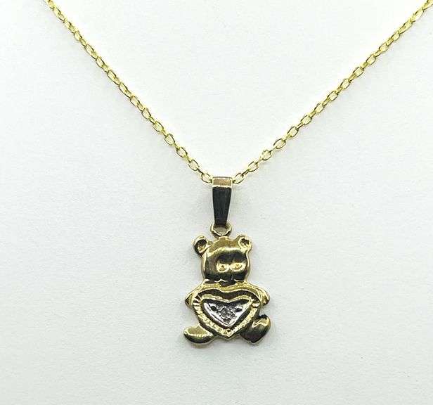 10KT Yellow and White Gold Natural Diamond (0.01ct) Teddy bear holding heart Pendant with Gold Plate