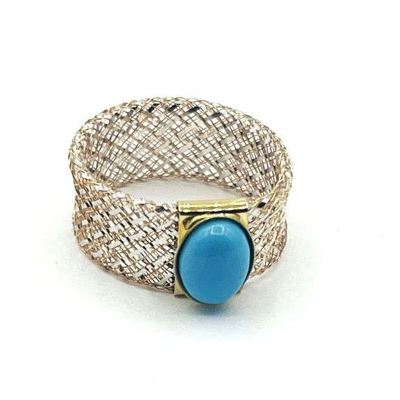9K Yellow, White and Rose Gold Natural Turquoise Mesh Style Ring