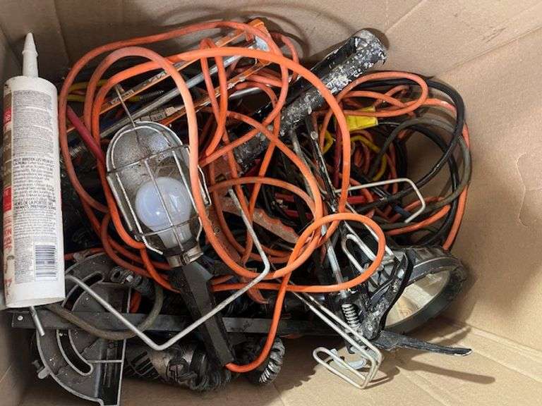 Assortment of Extension Cords, flood light, Booster Cables