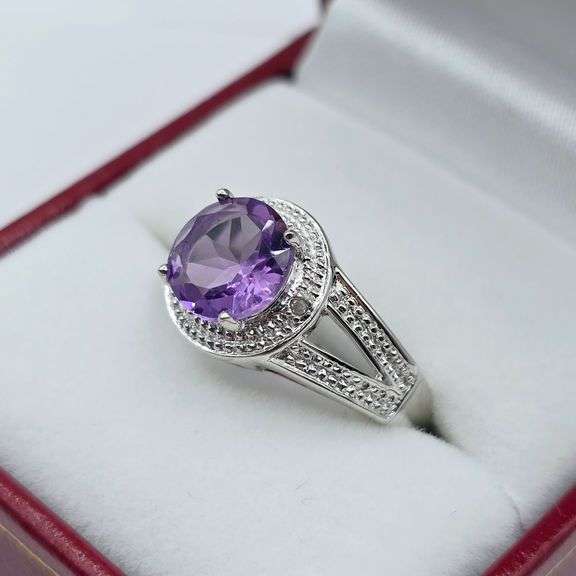 Sterling Silver Natural Amethyst (2ct) with Diamond (0.01ct) Ring