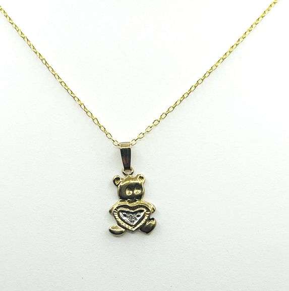 10KT Yellow and White Gold Natural Diamond (0.01ct) Teddy bear holding heart Pendant with Gold Plate