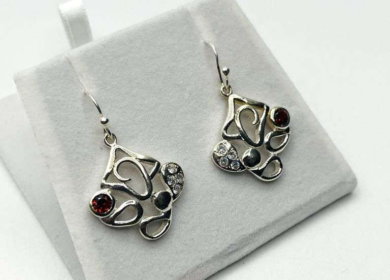 Sterling Silver Natural Garnet with CZ Dangling Earrings