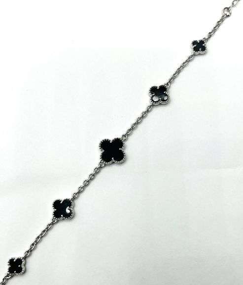 Sterling Silver Natural Onyx Clover Cut Adjustable Bracelet