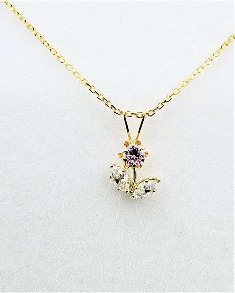 10KT Yellow Gold Flower CZ Pendant with Gold Plated Sterling Silver Chain