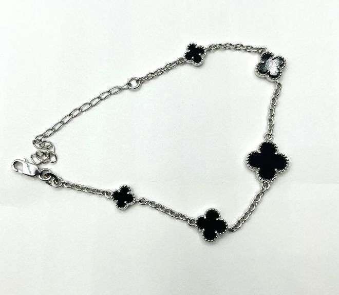 Sterling Silver Natural Onyx Clover Cut Adjustable Bracelet