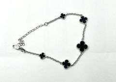 Sterling Silver Natural Onyx Clover Cut Adjustable Bracelet