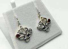 Sterling Silver Natural Garnet with CZ Dangling Earrings