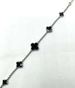 Sterling Silver Natural Onyx Clover Cut Adjustable Bracelet
